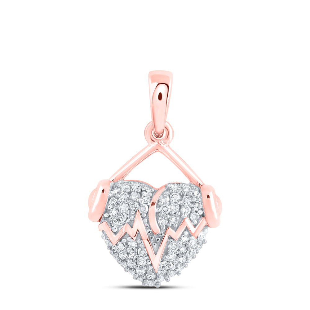 0.18 Ctw Natural Diamond Puff Heart Beat Headphone Hiphop Pendant in 10k Rose Gold