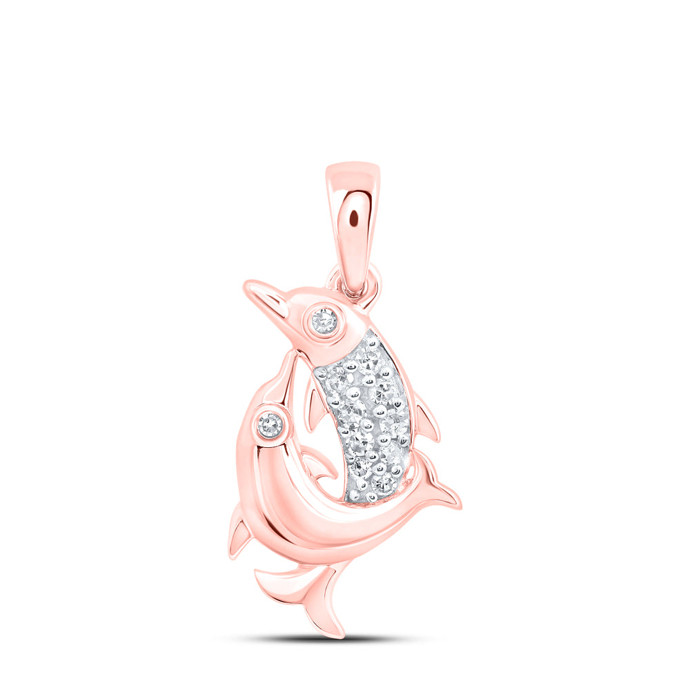 0.07 Ctw Natural Diamond Dancing Dolphin Animal Pendant in 10k Rose Gold