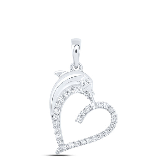 0.21 Ctw Natural Diamond Open Heart Dolphin Pendant in 10k White Gold