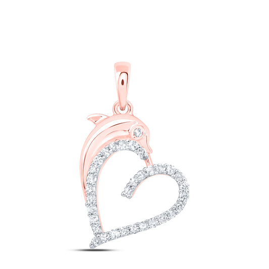 0.2 Ctw Natural Diamond Open Heart Dolphin Pendant in 10k Rose Gold