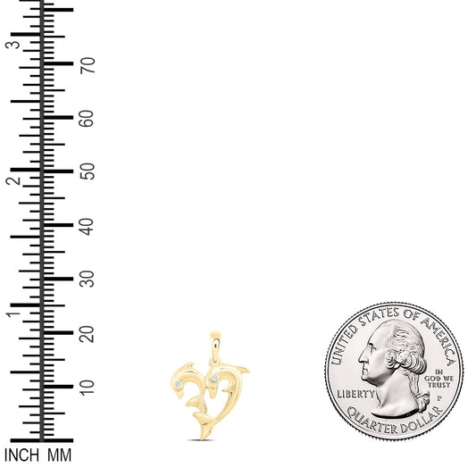 0.01 Ctw Natural Diamond 2 Two Dolpin Heart Pendant in 10k Yellow Gold