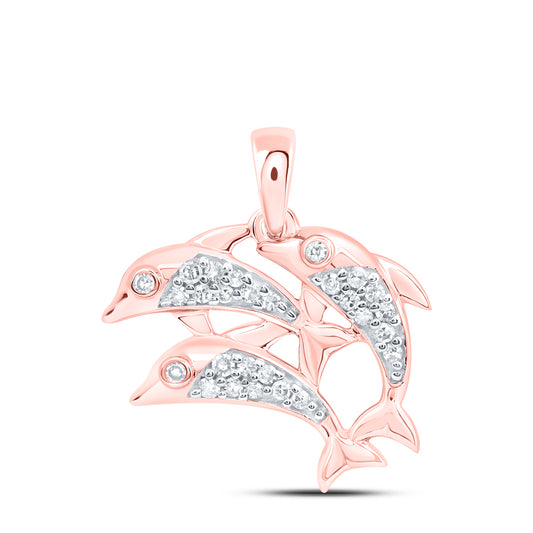 0.14 Ctw Natural Diamond 3 Three Dolphin Pendant in 10k Rose Gold