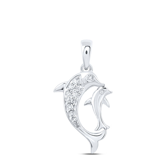 0.07 Ctw Natural Diamond Mother Child Dolphin Pendant in 10k White Gold
