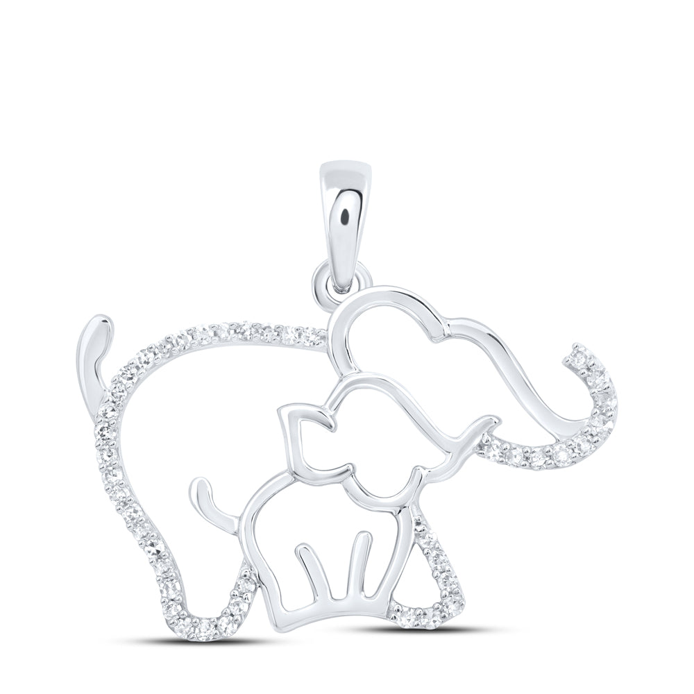 0.15 Ctw Natural Diamond Mother Child Elephant Pendant in 10k White Gold