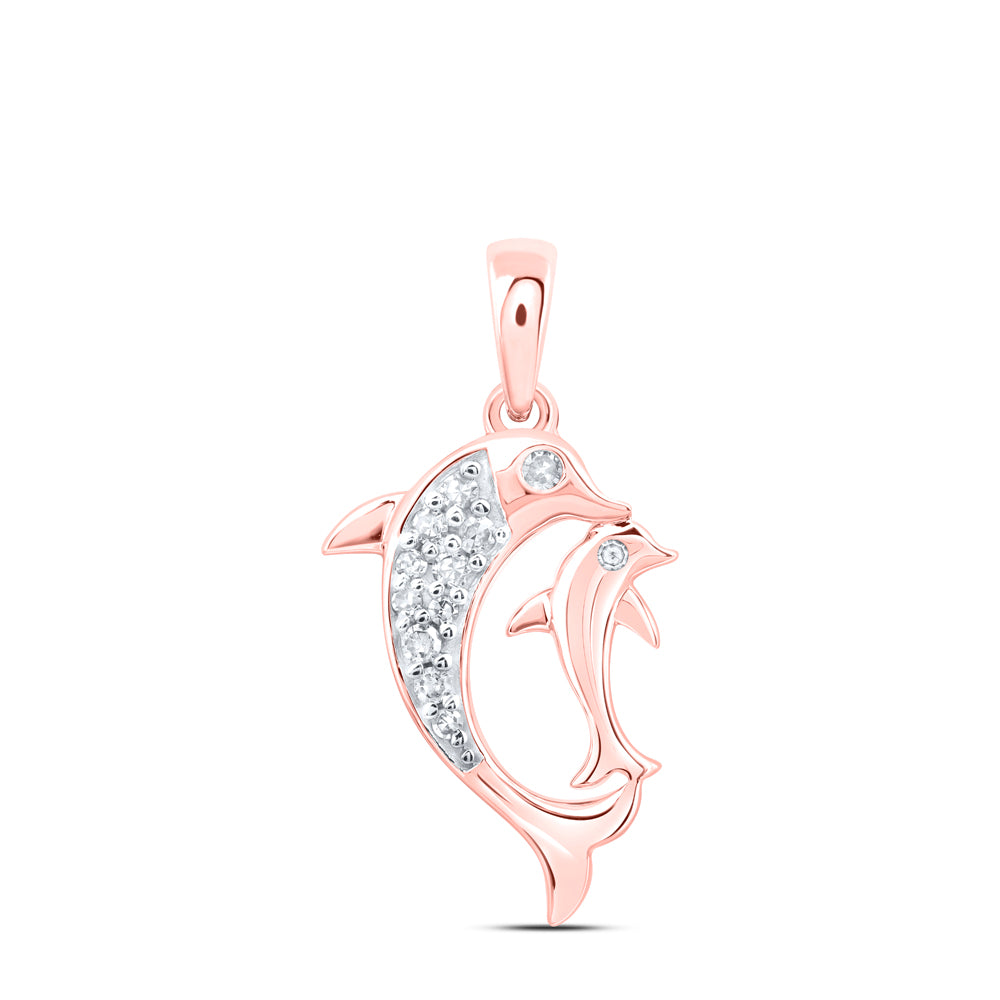 0.07 Ctw Natural Diamond Mother Child Dolphin Pendant in 10k Rose Gold