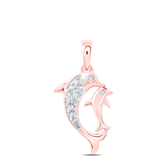 0.07 Ctw Natural Diamond Mother Child Dolphin Pendant in 10k Rose Gold