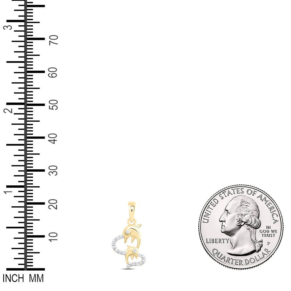 0.09 Ctw Natural Diamond Double Heart Dolphin Pendant in 10k Yellow Gold