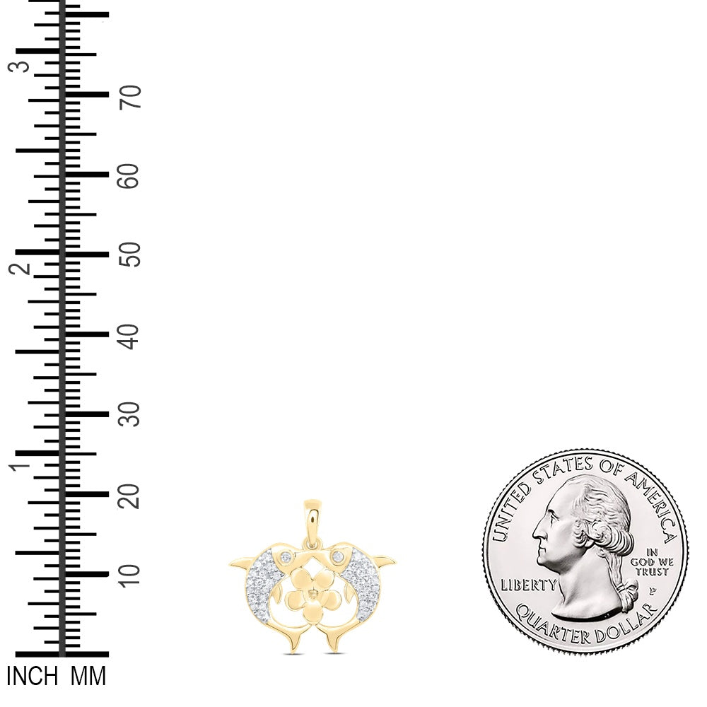0.15 Ctw Natural Diamond Heart Shape Dolphin Kiss Flower Pendant in 10k Yellow Gold