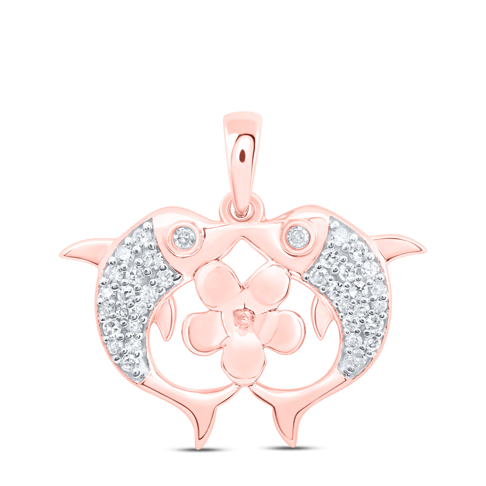 0.15 Ctw Natural Diamond Heart Shape Dolphin Kiss Flower Pendant in 10k Rose Gold