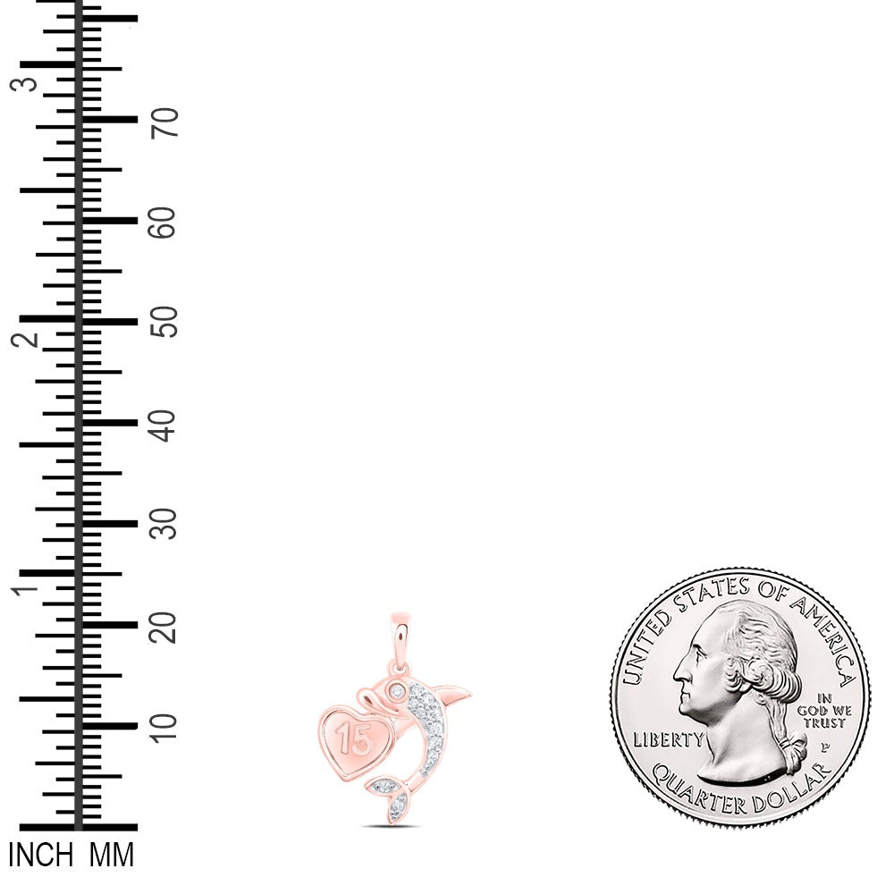 0.06 Ctw Natural Diamond 15 Anos Heart Dolphin Pendant in 10k Rose Gold