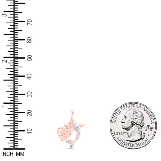 0.06 Ctw Natural Diamond 15 Anos Heart Dolphin Pendant in 10k Rose Gold