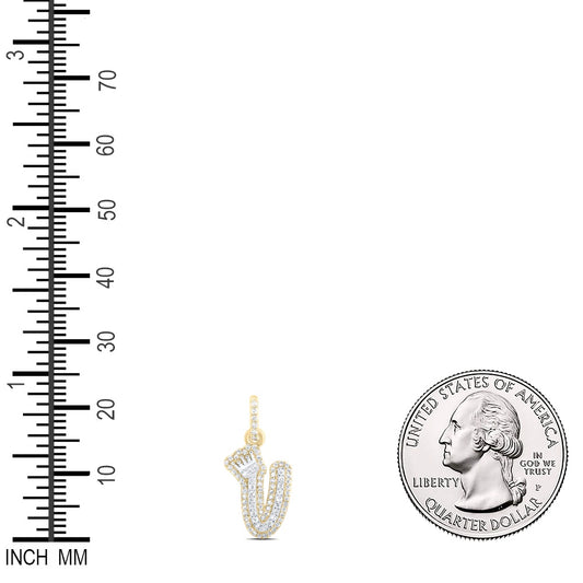 0.27 Ctw Natural Diamond Hiphop Crown Initial Letter V Pendant in 10K Yellow White