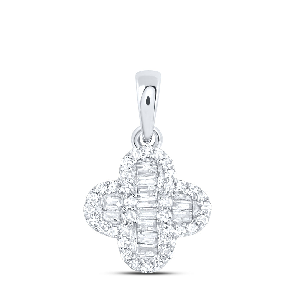 0.2 Ctw Natural Diamond Bagguett Clover Flower Pendant in 10k White Gold