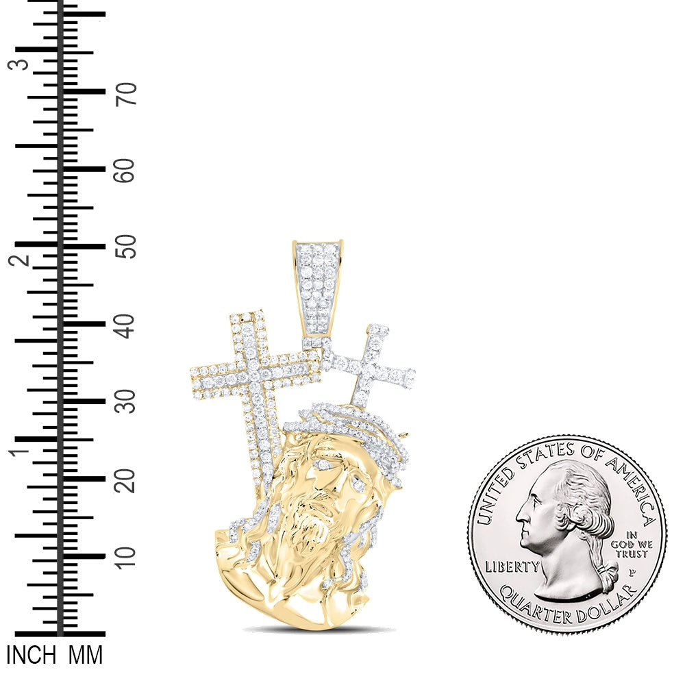 1.36 Ctw Natural Diamond Jesus Face Head Cross Pendant in 10k Yellow Gold