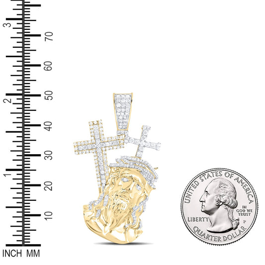 1.36 Ctw Natural Diamond Jesus Face Head Cross Pendant in 10k Yellow Gold