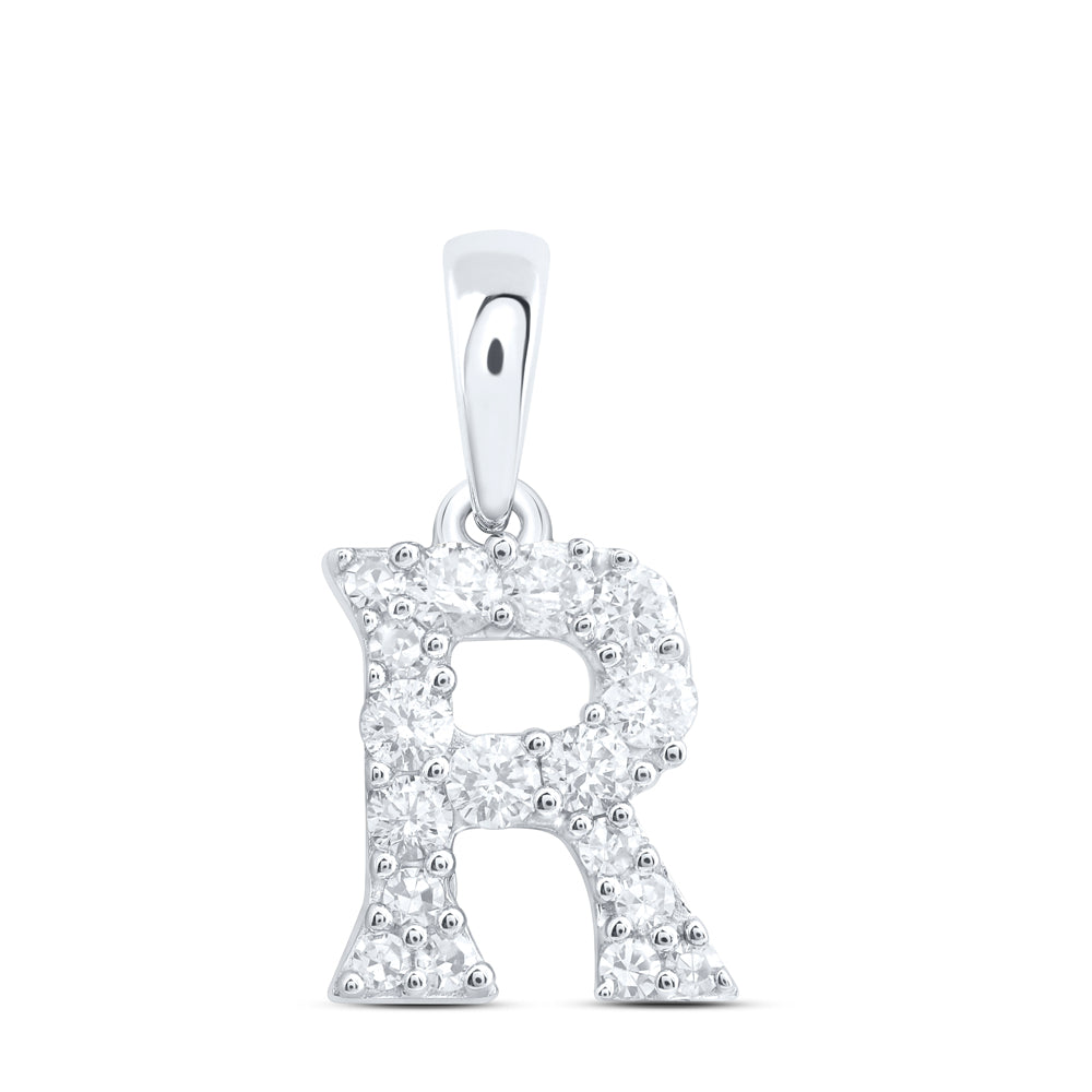 0.19 Ctw Natural Diamond Tiny Block Initial Letter R Pendant in 10k White Gold