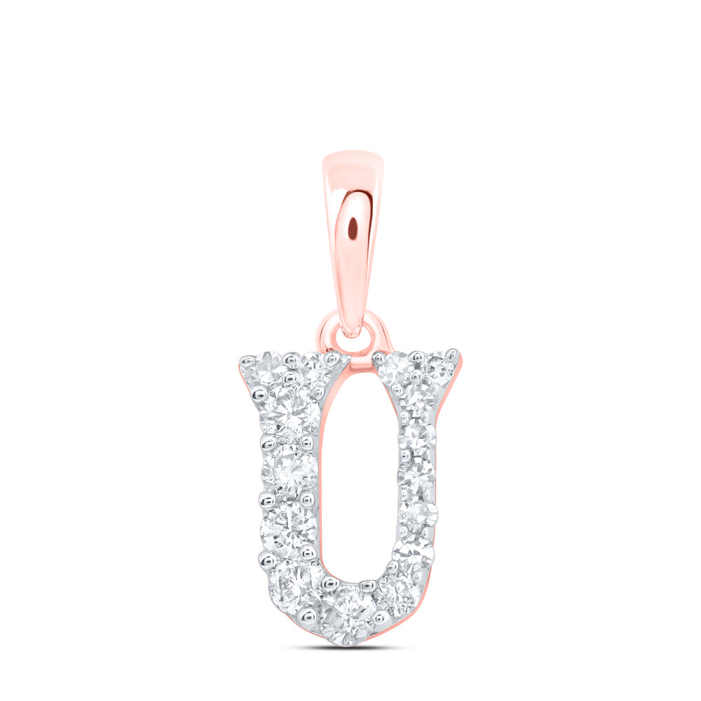 0.14 Ctw Natural Diamond Tiny Block Initial Letter U Pendant in 10k Rose Gold