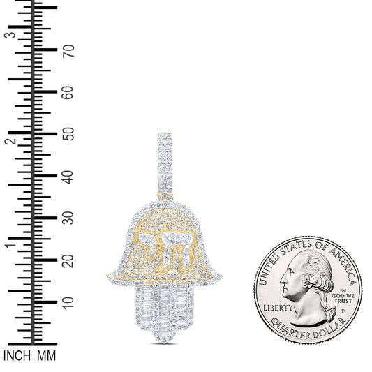 2.4 Ctw Natural Diamond Chai Life Hamza Pendant in 10k Yellow Gold