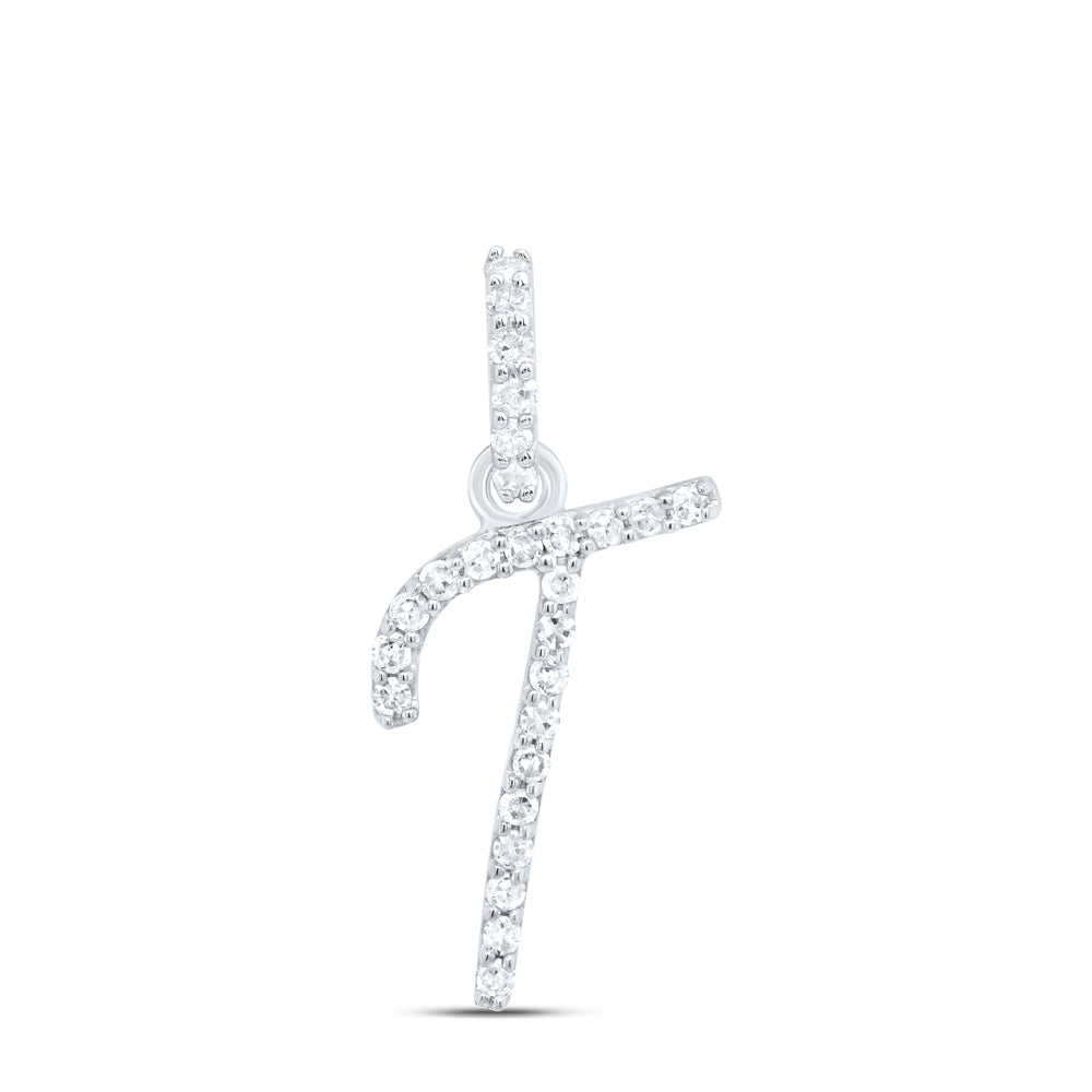 0.11 Ctw Natural Diamond Itallic Initial Letter T Pendant in 10k White Gold