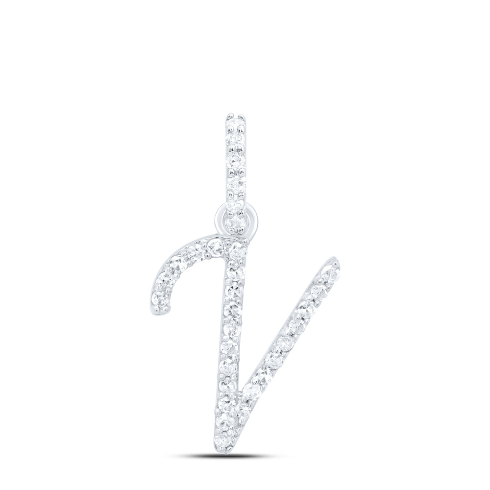 0.12 Ctw Natural Diamond Itallic Initial Letter V Pendant in 10k White Gold