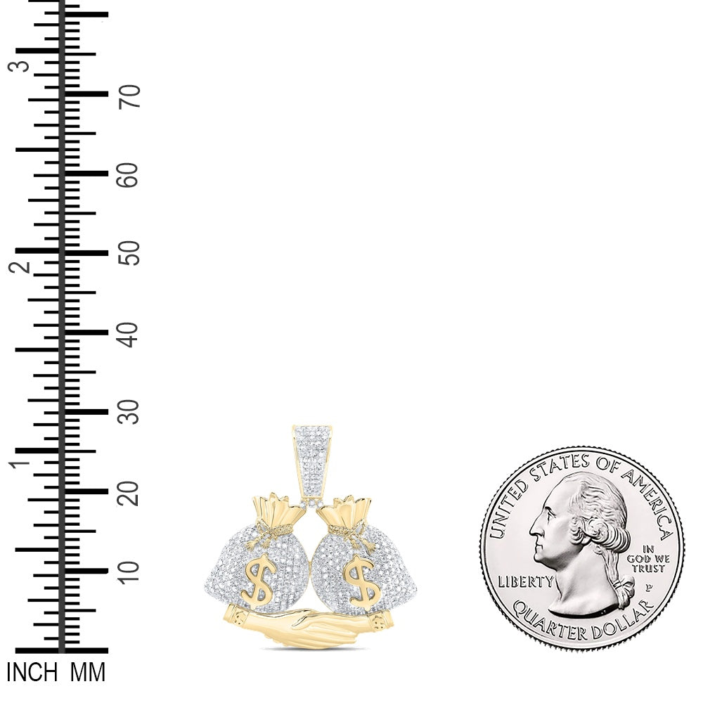 1.01 Ctw Natural Diamond Hiphop Dollar Money Bag Hand Shake Pendant in 10k Yellow Gold
