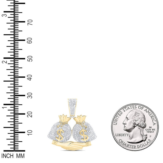 1.01 Ctw Natural Diamond Hiphop Dollar Money Bag Hand Shake Pendant in 10k Yellow Gold