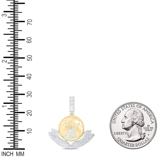 1.94 Ctw Natural Diamond Globe world Held Two Hands Pyramid Pendant in 10k Yellow Gold
