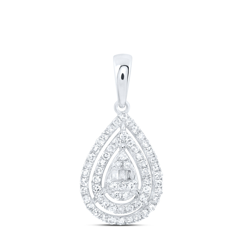 0.34 Ctw Natural Diamond Teardrop Bagguett Pendant in 10k White Gold
