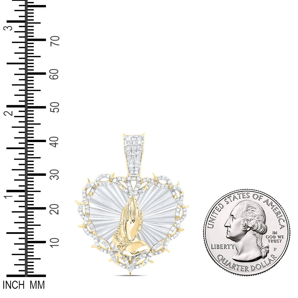 0.81 Ctw Natural Diamond Heart Praying Hands Hanging Cross Pendant in 10k Yellow Gold