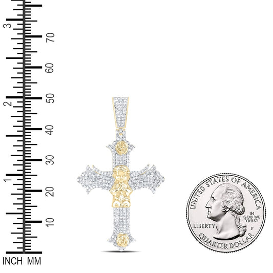 0.96 Ctw Natural Diamond Cherub Angel Cross Pendant in 10k Yellow Gold