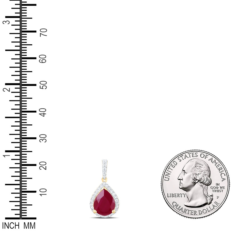 3.82 Ctw Natural Diamond Red Ruby Teardrop Pendant in 10k Yellow Gold
