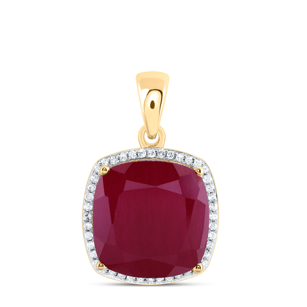 12.87 Ctw Natural Diamond Red Ruby Square Pendant in 10k Yellow Gold