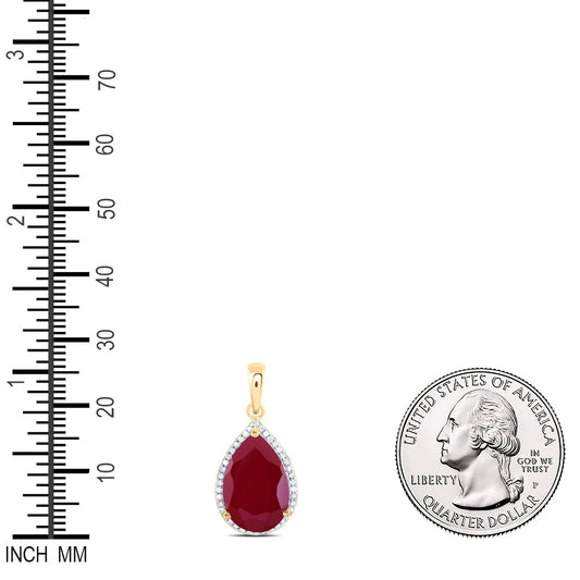 8.46 Ctw Natural Diamond Red Ruby Teardrop Pendant in 10k Yellow Gold