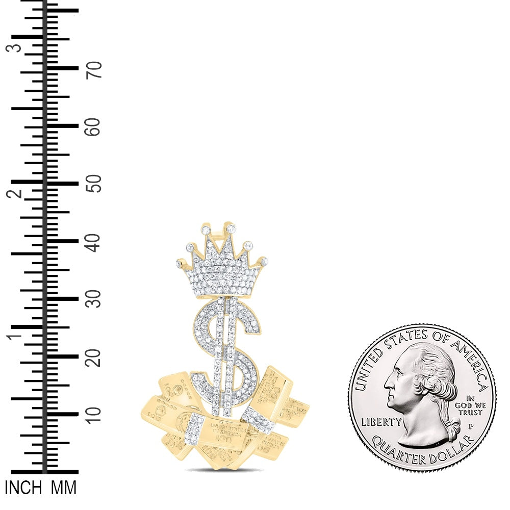 0.82 Ctw Natural Diamond Crown Dollar Sign Cash Money Pendant in 10k Yellow Gold