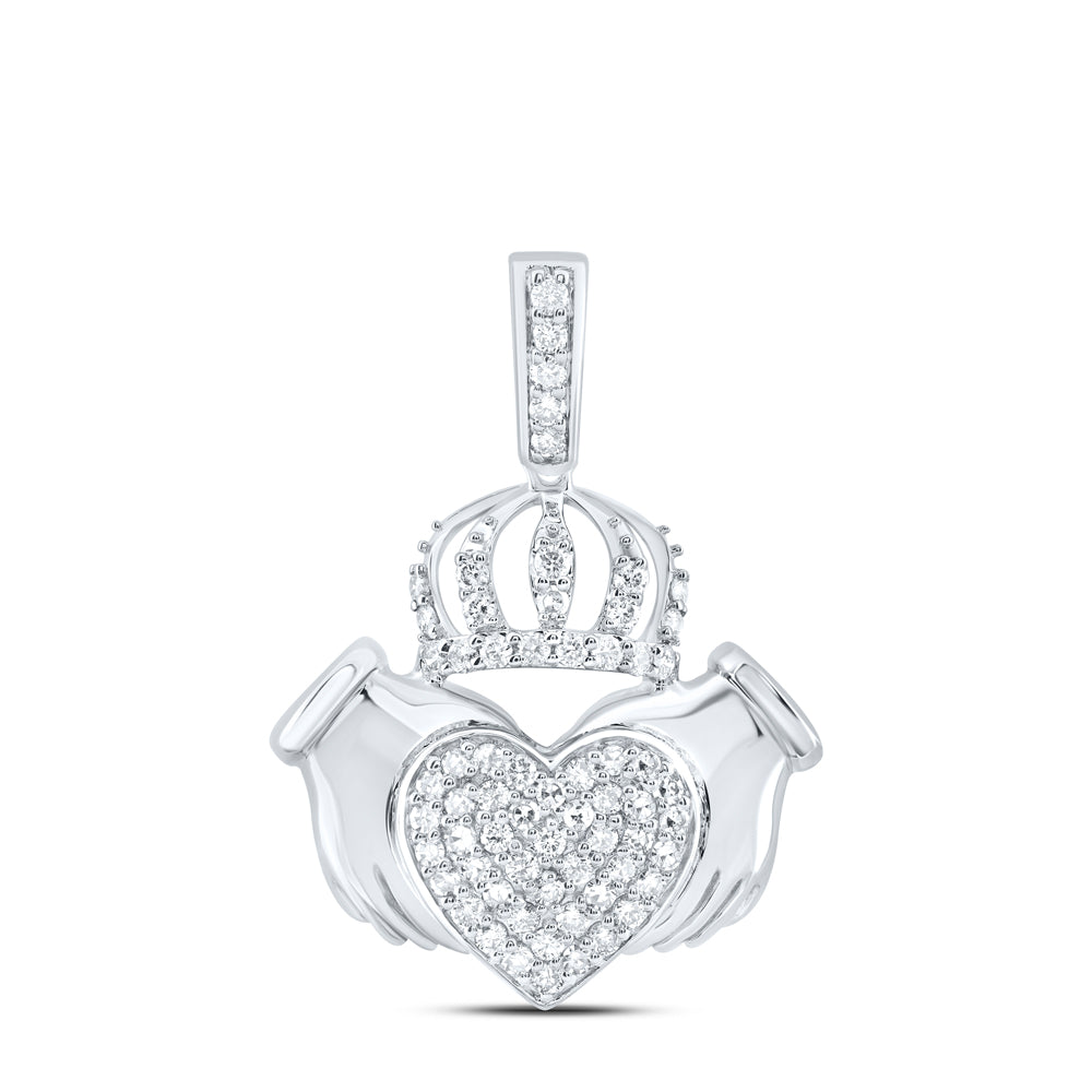 0.35 Ctw Natural Diamond Claddagh Heart Pendant in 10k White Gold