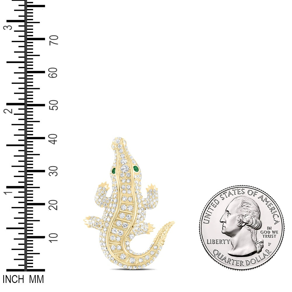 2.47 Ctw Natural Diamond Green Eyes Alligator Crocodile Brooch Pendant in 14k Yellow Gold