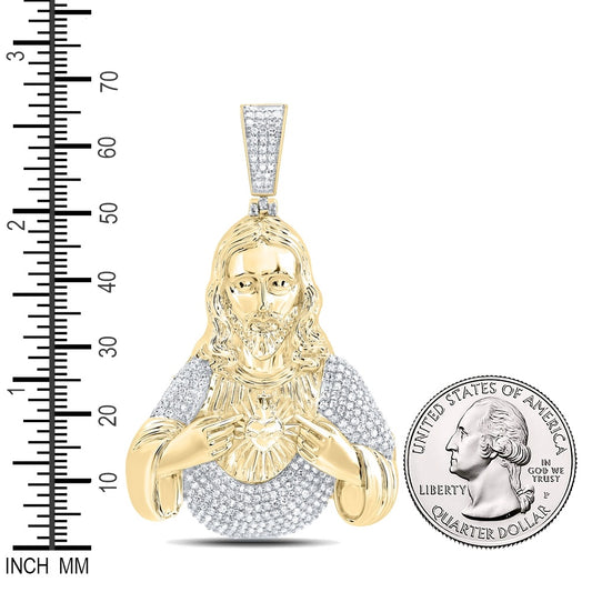 1.56 Ctw Natural Diamond Heart Jesus Piece Face Head Pendant in 10k Yellow Gold