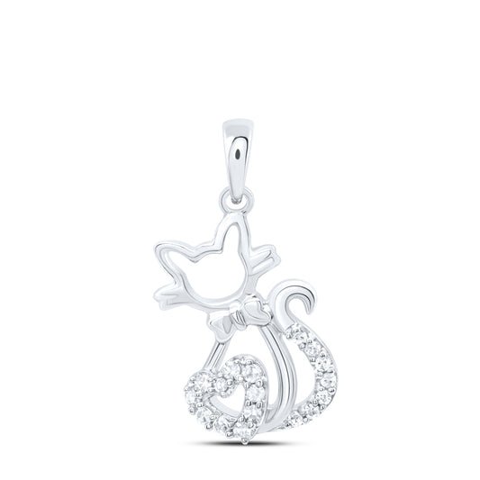 0.09 Ctw Natural Diamond Cat Heart  Gift Pendant in 10k White Gold
