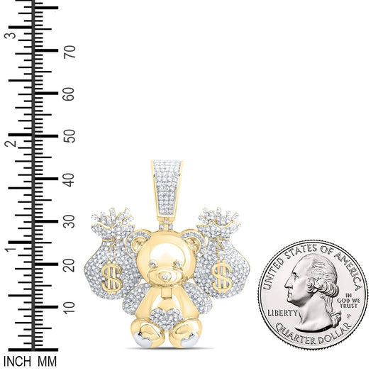 1.36 Ctw Natural Diamond Teddy Bear With Money Bag Pendant in 10K Yellow White