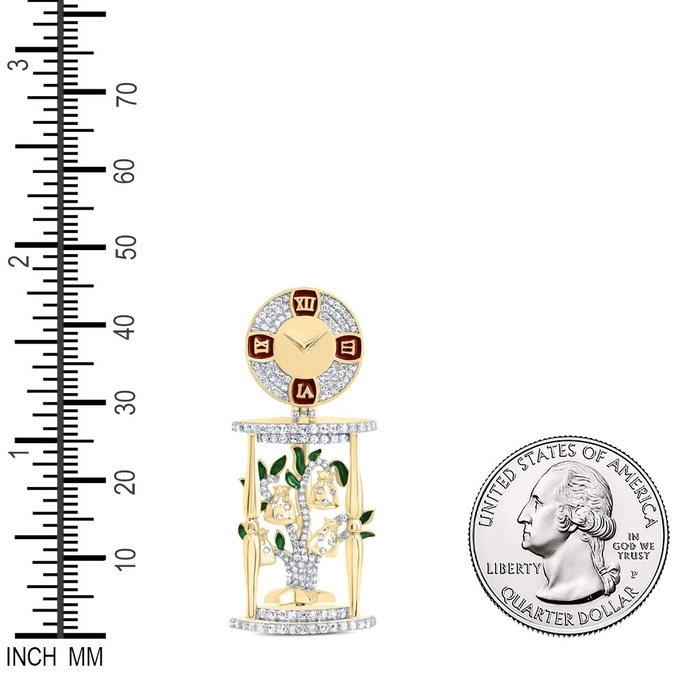 0.88 Ctw Natural Diamond Time is Money Bag Tree Clock Pendant in 10k Yellow Gold