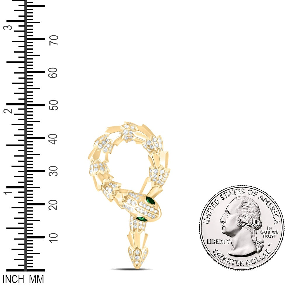 1.3 Ctw Natural Diamond Green Eyes Snake Animal Pendant in 14k Yellow Gold