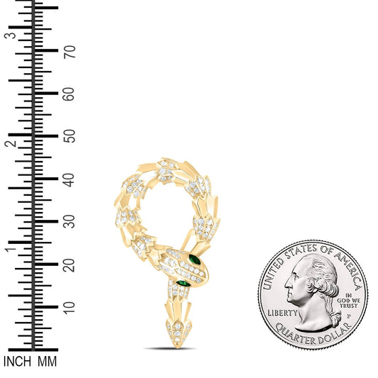 1.3 Ctw Natural Diamond Green Eyes Snake Animal Pendant in 14k Yellow Gold