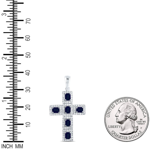 1.87 Ctw Natural Diamond Blue White Cross Religious Pendant in 14k White Gold