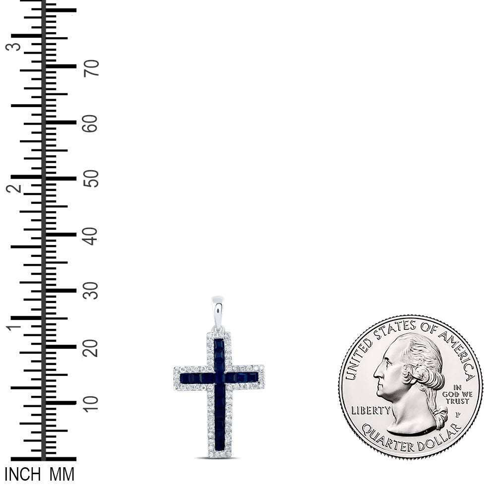 1.35 Ctw Natural Diamond Blue White Cross Religious Pendant in 14k White Gold