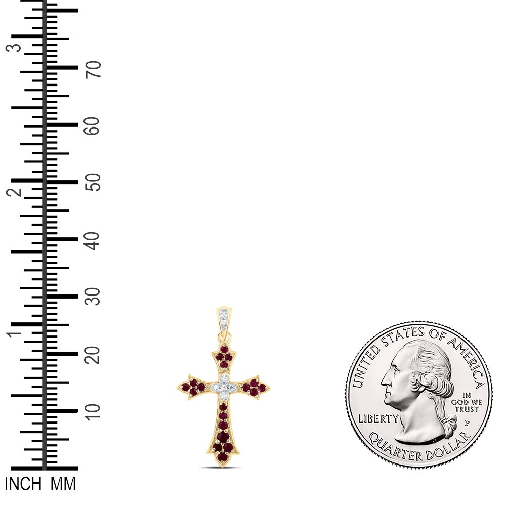 0.34 Ctw Natural Diamond Red White Cross Pendant in 14k Yellow Gold