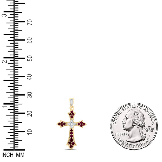 0.34 Ctw Natural Diamond Red White Cross Pendant in 14k Yellow Gold