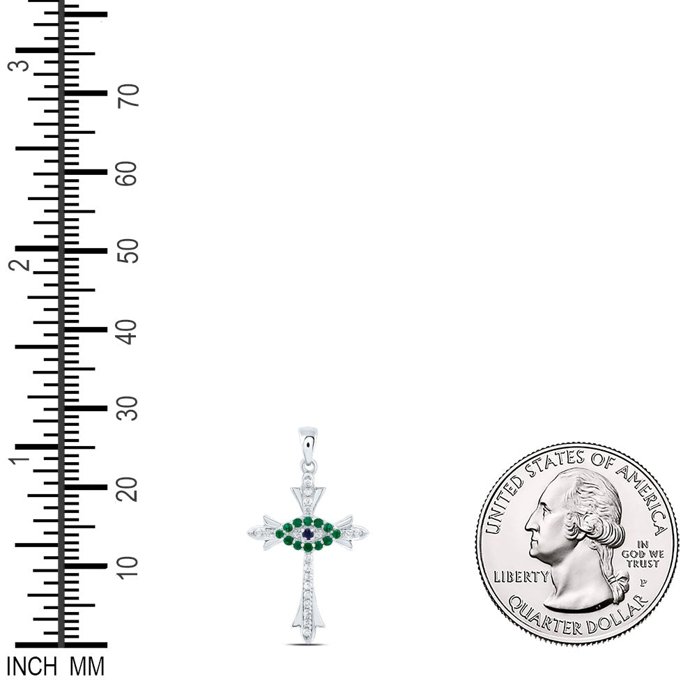 0.21 Ctw Natural Diamond Green Emelard Evil Eye Cross Religious Pendant in 14k White Gold