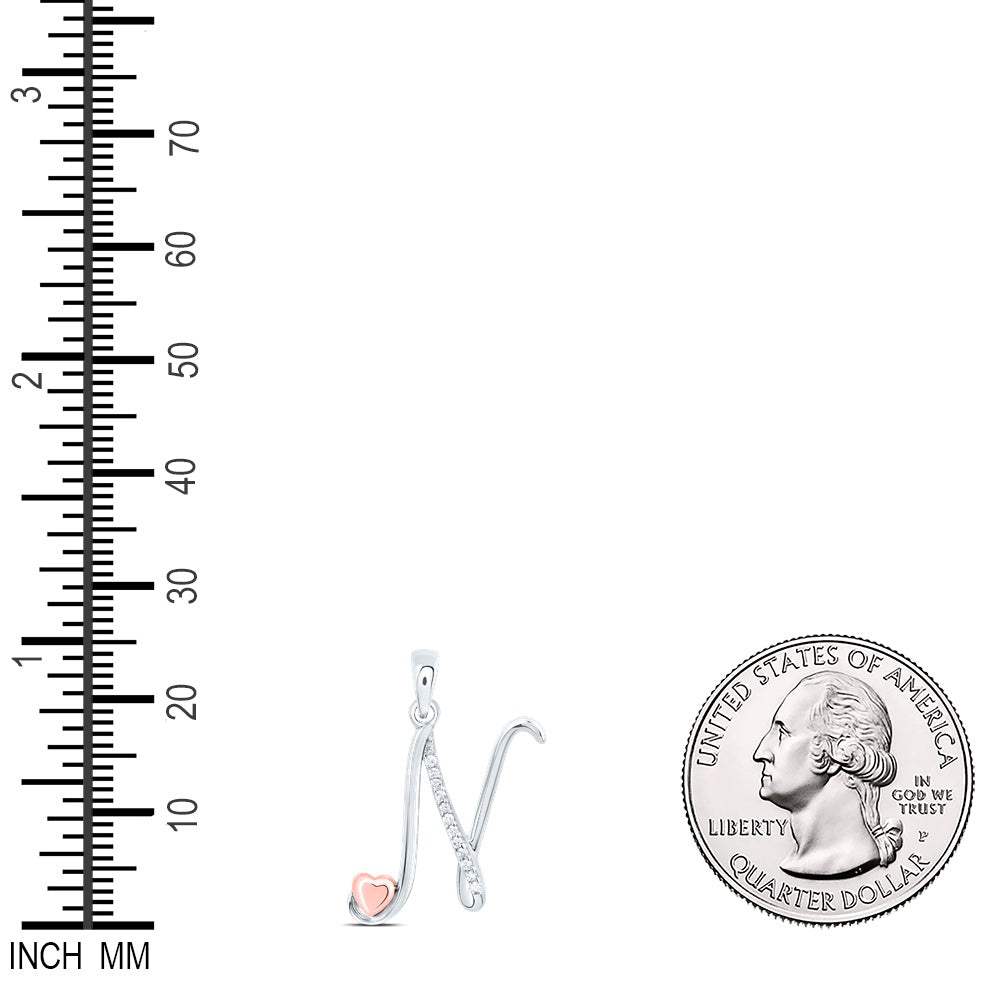 0.05 Ctw Natural Diamond Heart Initial Letter N Pendant in Sterling Silver