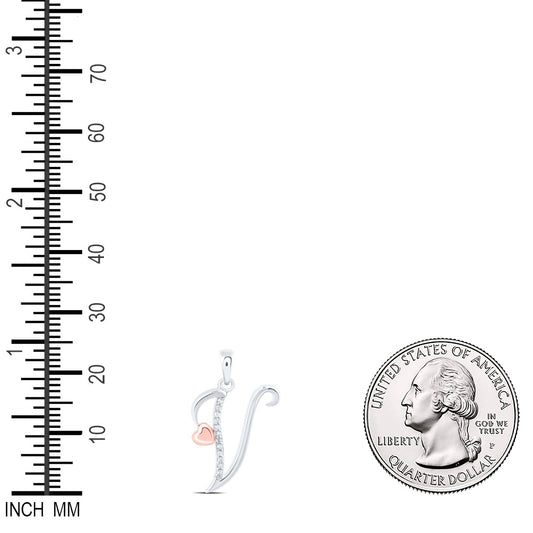 0.05 Ctw Natural Diamond Heart Intial Letter V Pendant in Sterling Silver