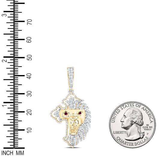 0.78 Ctw Natural Diamond Red Eyes Lion King Cross Religious Pendant in 10k Yellow Gold